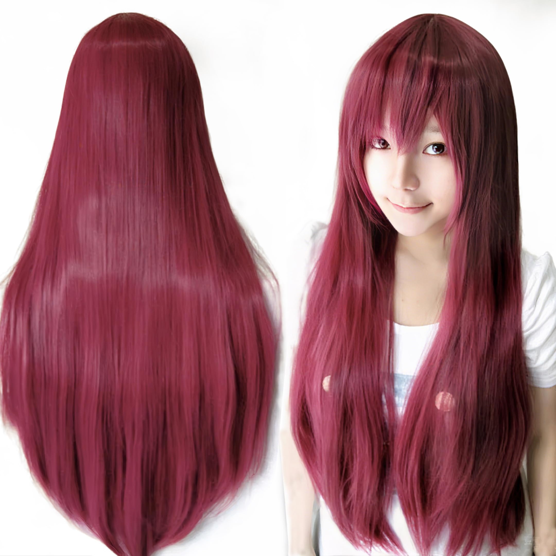 IMISSU 80cm Long Straight Natural Hair Cosplay Wigs with Bangs Colorful Halloween Costume Party Wig for Girl (Burgundy)