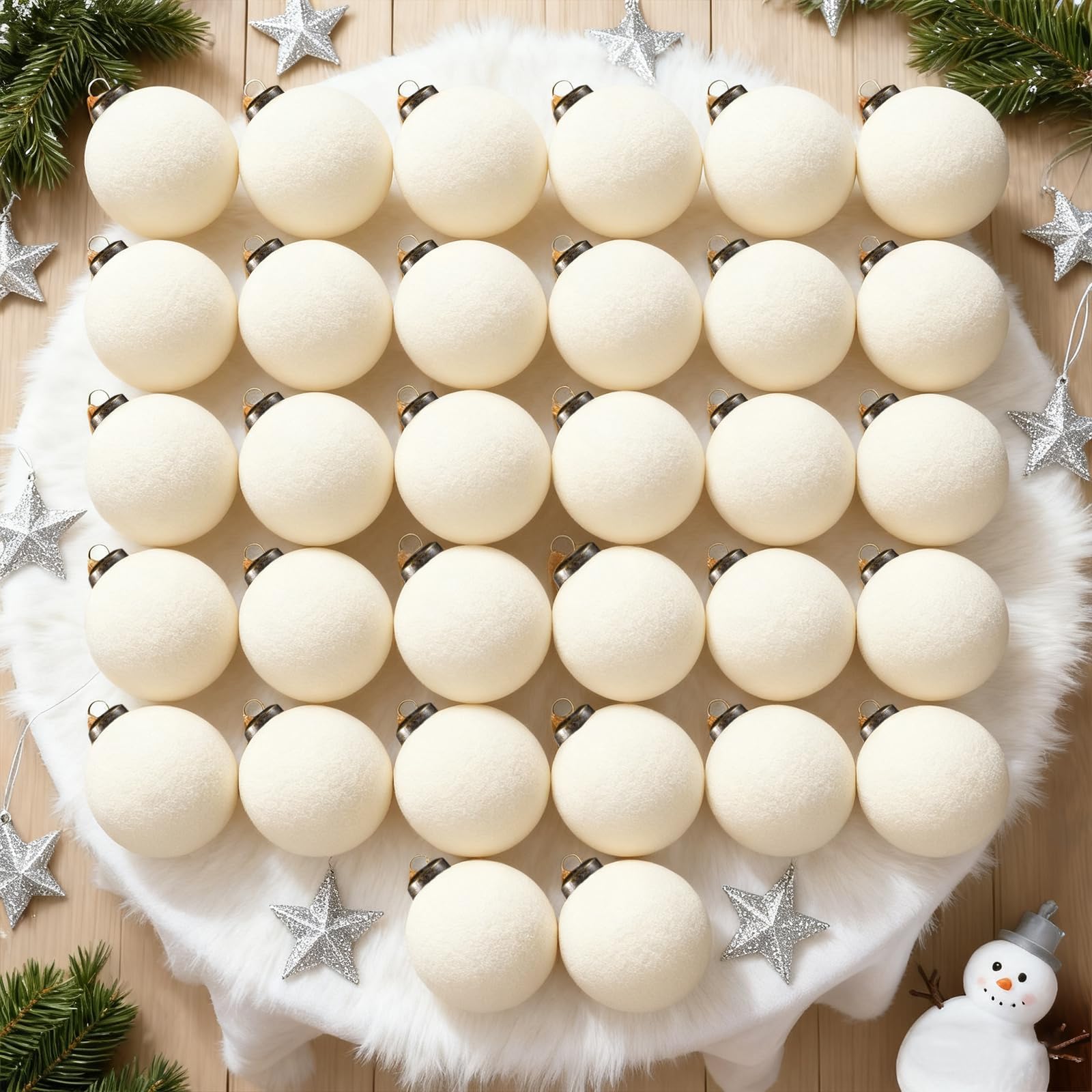 Photo 1 of 32 Pcs Velvet Christmas Tree Ornaments Balls with Velvet Ribbon Christmas Tree Hanging Decorations Neutral Flocked Balls Bulk for Xmas Home Indoor (White)