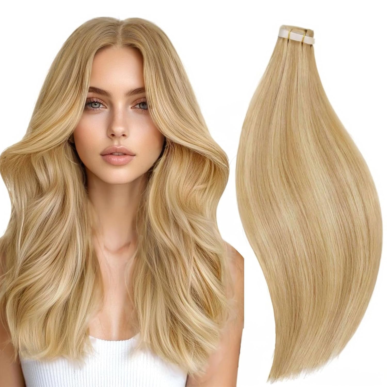 RUNATURE Tape in Hair Extensions Human Hair 24 Inch Real Hair Extensions Tape in Honey Blonde with Medium Blonde Remy Straight Hair for Women Natural Looking 20 Pcs/50g #16/24
