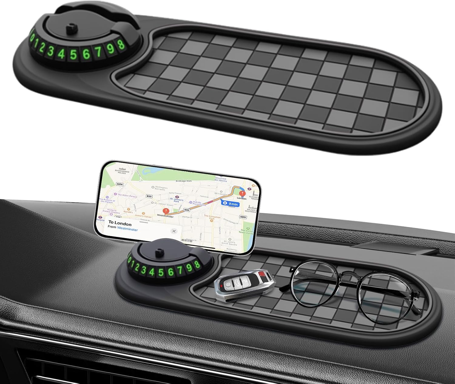 Photo 1 of Vaiwenta Multifunction Car Anti-Slip Mat Auto Universal Phone Holder, Rotatable Anti Skid Car Dashboard Pad with Temporary Parking Numbe and Large Pad for Phones Sunglasses Keys Gadgets(Grey)