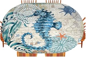 ESFVRG Seahorse Oval Table Cloth, Nautical Blue map of Coastal Life Sailing on The sea, Indoor Dining and Outdoor Patio Festival Use, Fits 42" x 60" Table