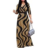 FANDEE Maxi Dresses for Women Long 3/4 Sleeve Flowy Casual V Neck Empire Waist Dress with Pockets
