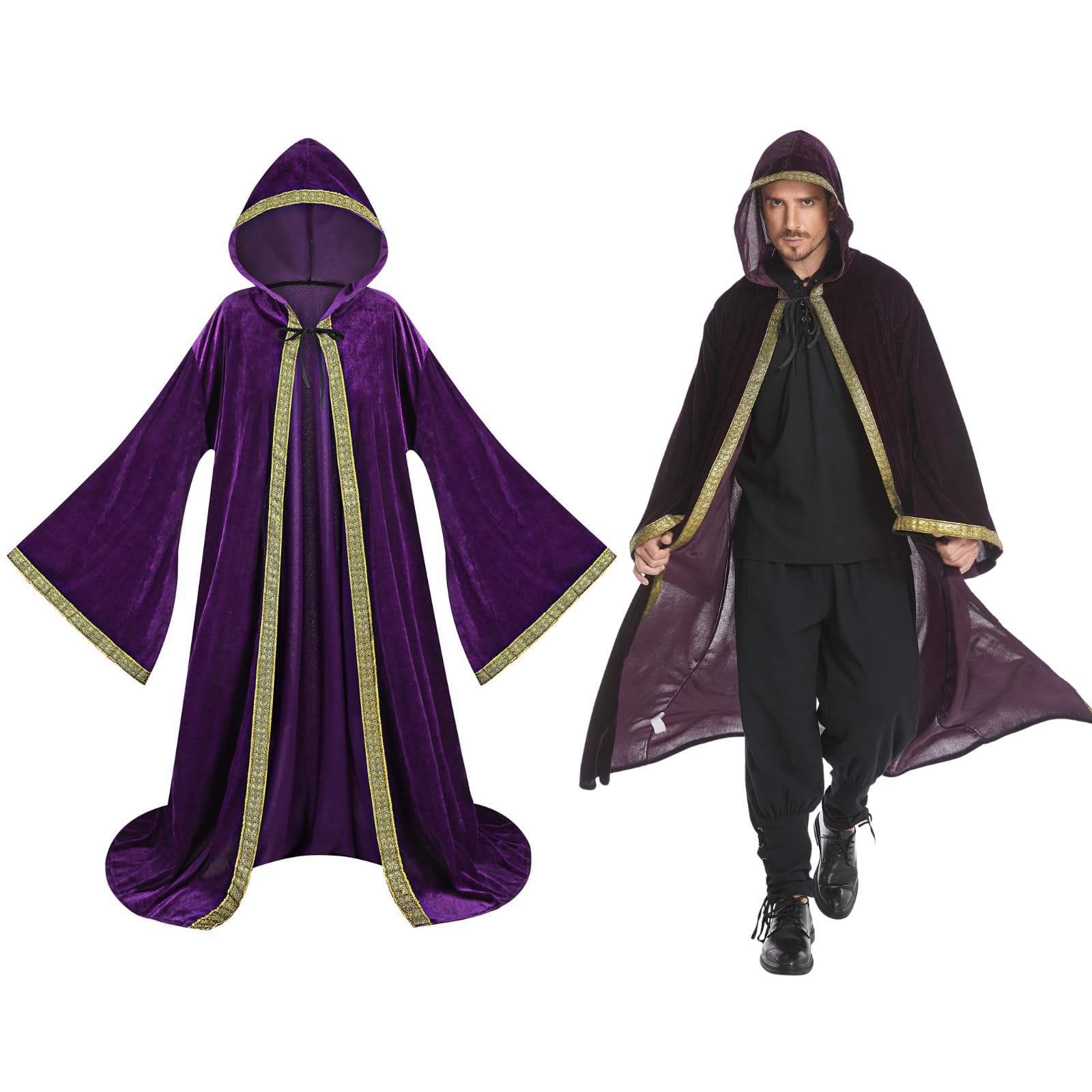 maxToonrain Mystic Wizard Robe Full Length Hooded Velvet Cloak Wide Sleeve Style Adult Medieval Retro Vintage Renaissance Costume Fancy Dress for Halloween Masquerade (Purple-142cm)