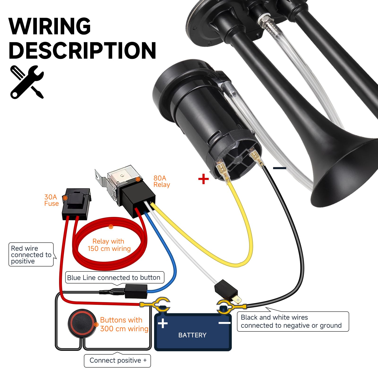 Train Horn for Truck 150db 12V,BANHAO Super Loud Dual Trumpet Truck Air Horn with Compressor, suitable for Any 12V Vehicles Train Car Ship Boat Lorry