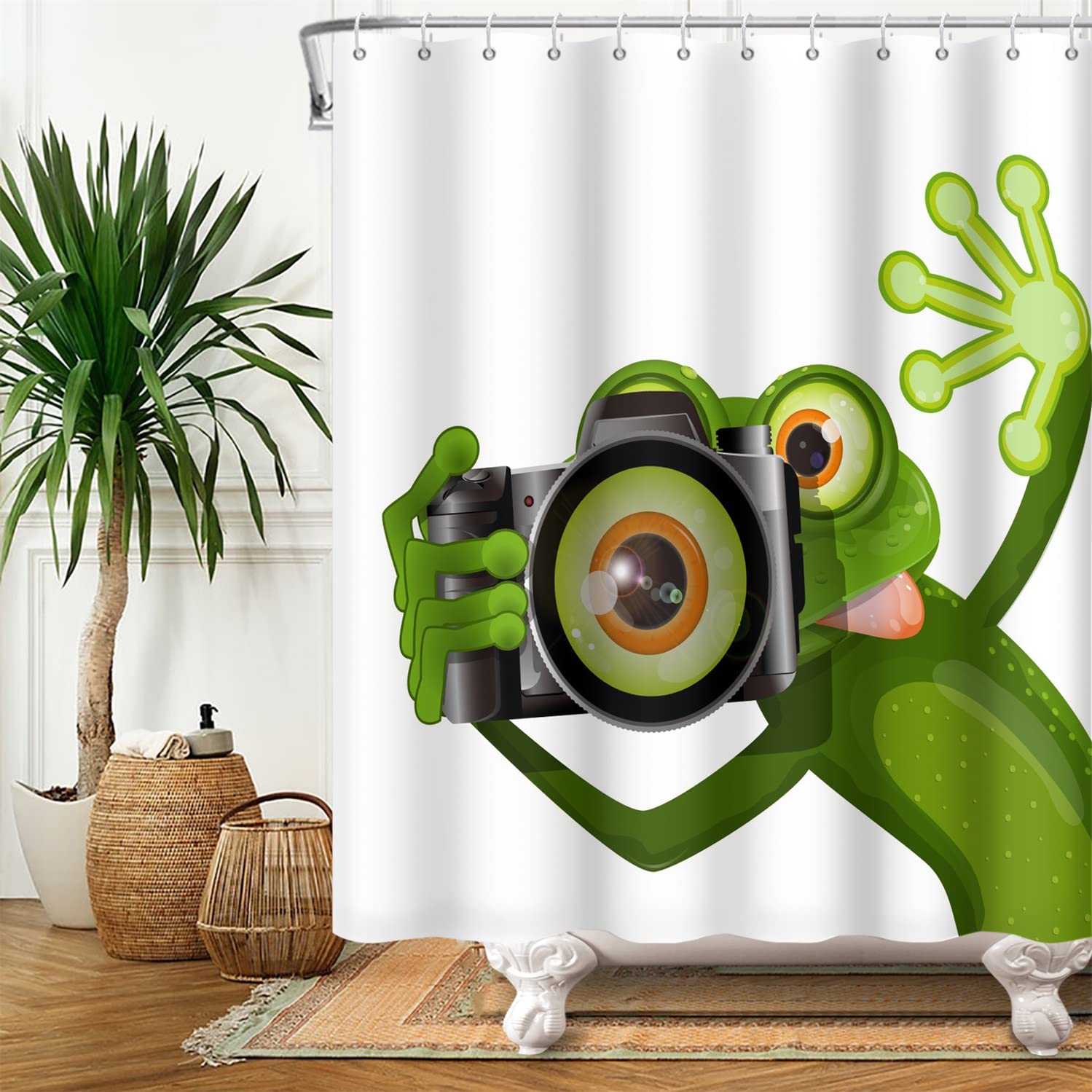 SDOTPMT 165x183cm Cute Funny Frog Shower Curtain Photographer Frog Greater Eye Taking a Picture Bath Curtain Animal White Bathtub Curtain for Kids Bathroom Fabric Polyester Waterproof with Hooks