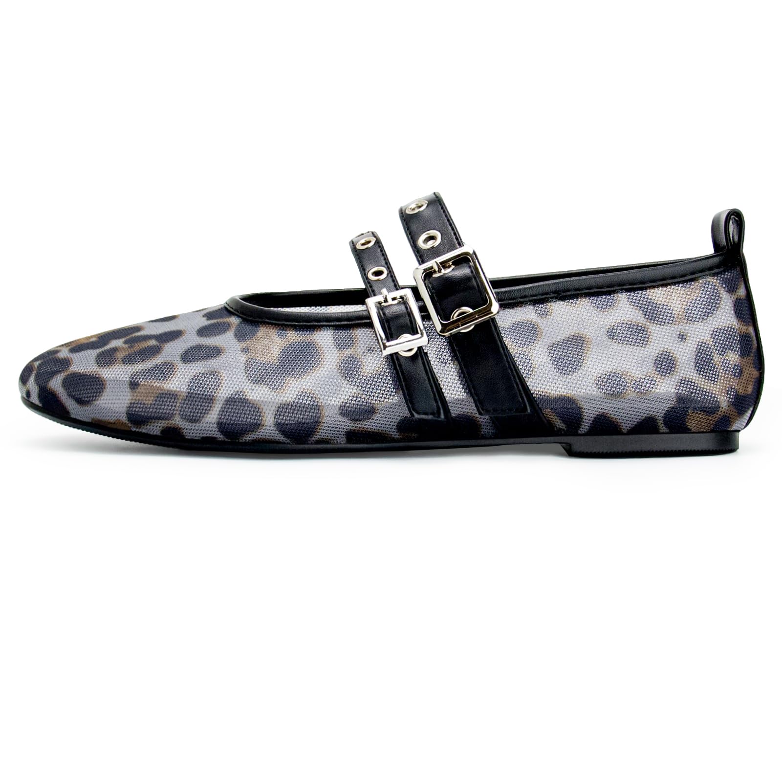 Gothictor Leopard Flats for Women Round Toe Mesh Ballet Mary Janes Adjustable Buckle Straps Casul Ballerina Dress Shoes Black 5.5 Image
