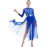 ODASDO Women Lyrical Dance Costumes Sequin Long Sleeve Mesh Tulle Flowy Maxi Long Dress Morden Contemporary Dancewear