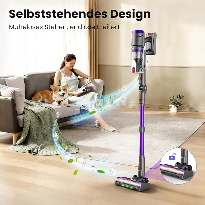 Akku Staubsauger 90Min, 600W 58000Pa Staubsauger Kabellos mit 90° Top-Adapter, Selbststehender Akkusauger mit Smart LED Display und Ladestation, Akkusauger für Teppich, Hartboden und Tierhaare