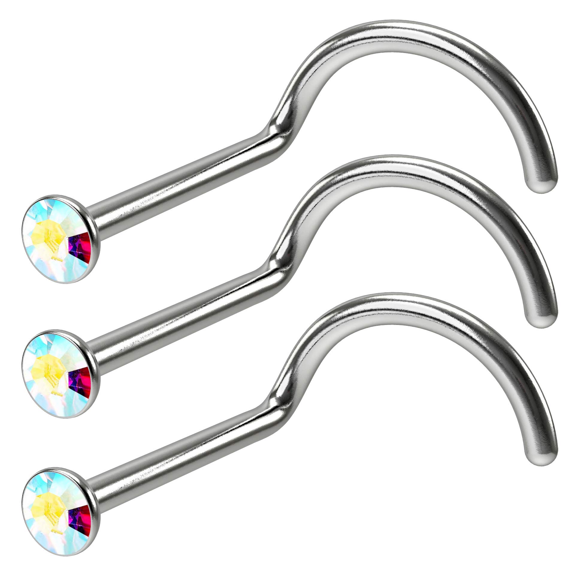 Bling Piercing 3pc 18g 1mm Stainless Steel CZ Nose Bar Screw Corskscrew Nostril Stud Piercing AB Aurora Crystal
