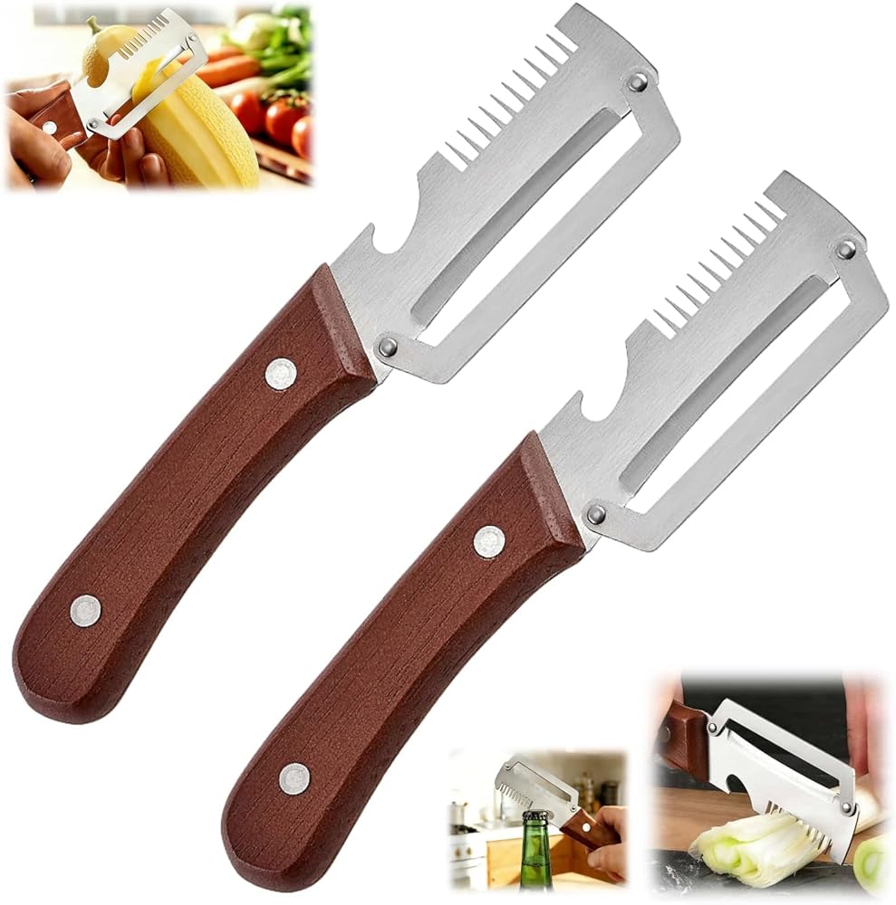 3 in 1 Multi Functional Vegetable Peeler for Kitchen, with Bottle Opener, Cutter Shred and Ergonomic Wood Handle - Effortless