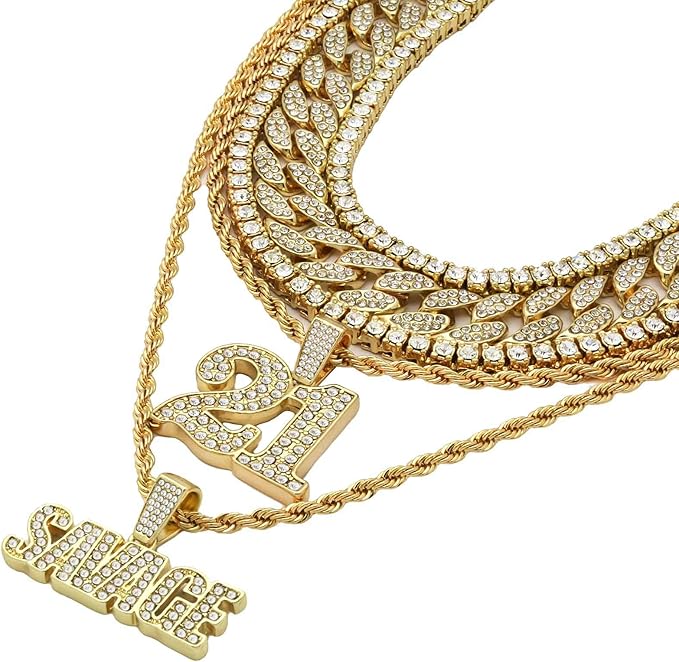 6 pcs Bundle Set 14k Gold Plated Hip Hop Fully Cz Chain SAVAGE 21 ...