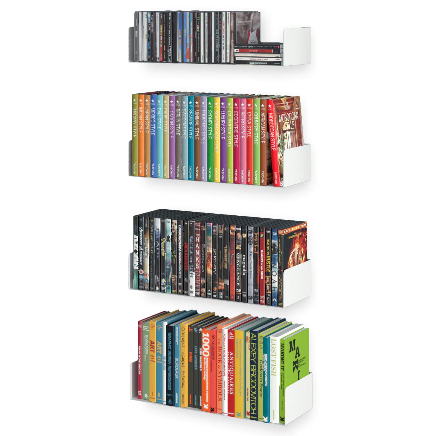 Photo 1 of Wallniture Bali White Bookshelf and CD DVD Storage Shelf Set of 4, Metal Floating Book Shelves for Wall