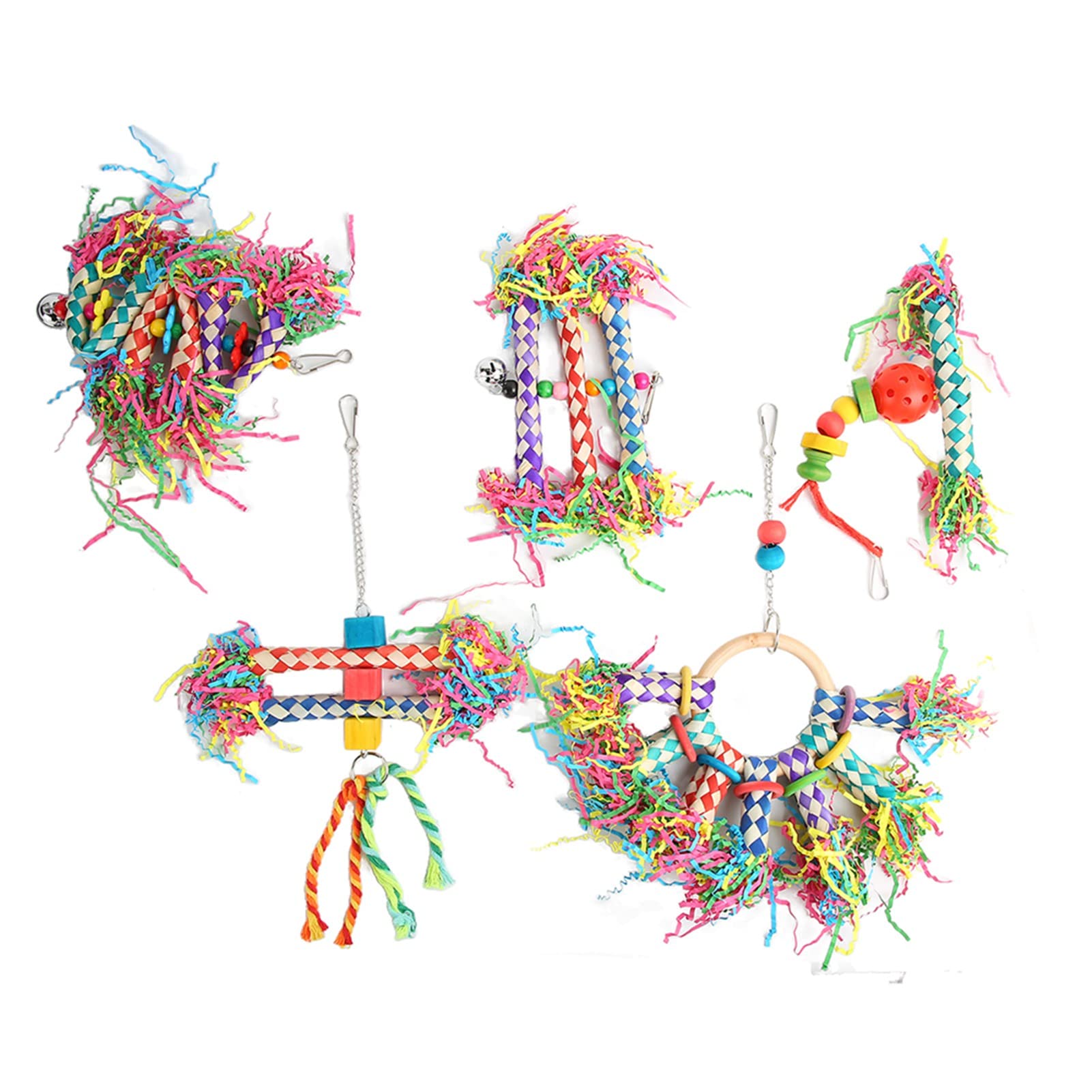 Tnfeeon 5Pcs Bird Shredding Toys Cage Bite Toys Bird Block Toys Safe Colorful Bird Foraging Shredder Toy with Hook for Parrots Parakeets