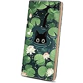Immaturus Black Cat Leaf Womens Wallet, Slim Thin RFID Blocking Credit Card Wallets, Long Bifold PU Leather Card Holder Organizer, Cute Cash Clutch Billfold with Zipper Coin Pocket Ladies Girls