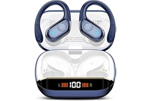 QECNATO Wireless Earbuds Bluetooth 5.4 Headphones 75H Playtime Stereo Deep Bass Sports Ear Buds with Earhooks, LED Display Bluetooth Earbuds with 4 ENC Mic, IP7 Waterproof Earphone for Running, Dark Blue
