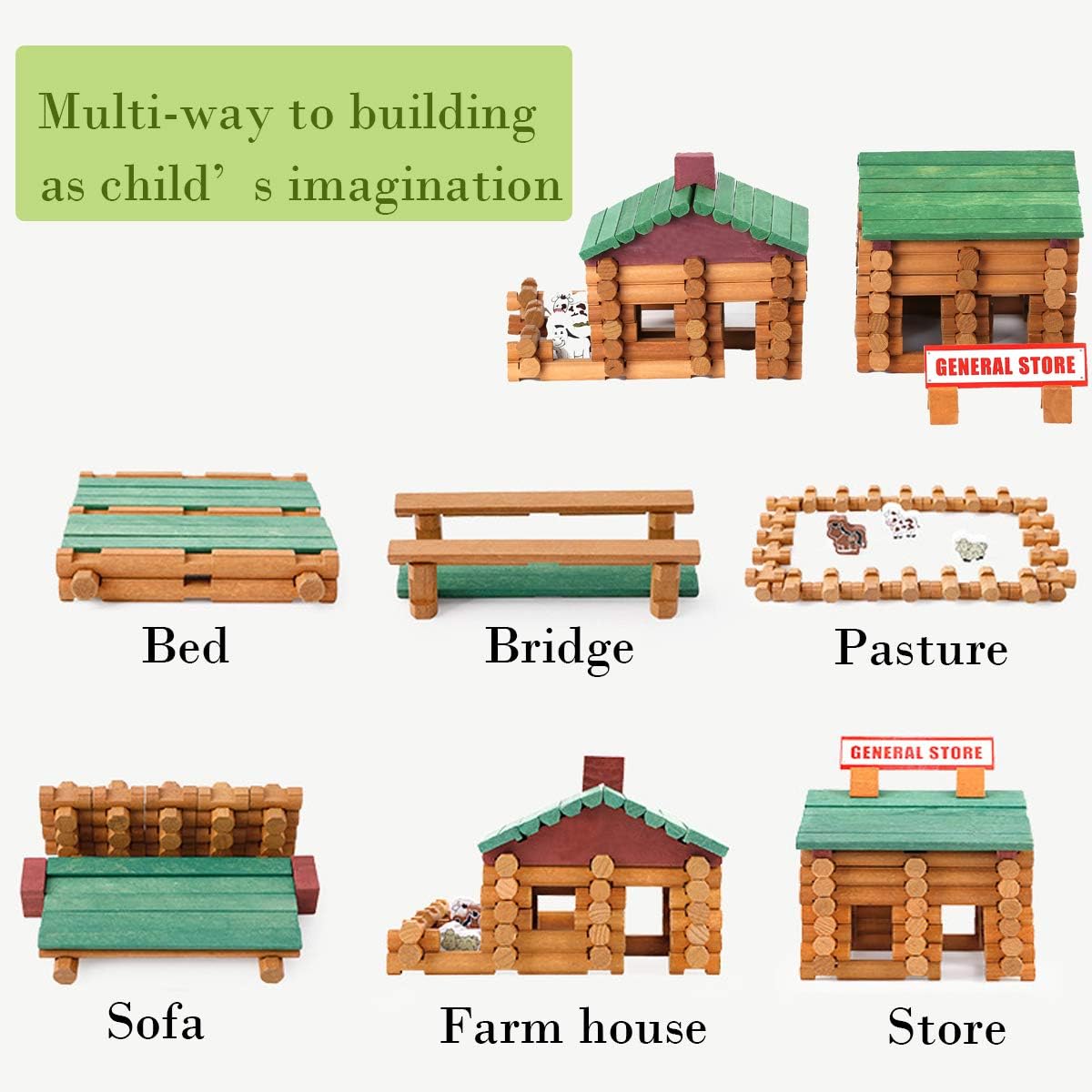 Wondertoys 170 Pieces Wood Logs Set Ages 3+, Classic Building Log Toys for Boy, Creative Construction Engineering Educational Gifts: Toys & Games