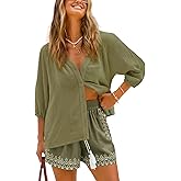 CUPSHE Swimsuit Coverup for Women Button Down 100% Cotton Shirts Half Sleeve Beach Wear Blouse