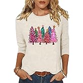 Vircreate Womens 3/4 Sleeve Crew Neck Christmas T-Shirts Merry Christmas Leopard Plaid Tree Graphic Tee Tops