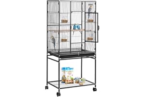 VEVOR Bird Cage, 24.6 x 16.7 x 53.9 inch, Flat Top, Wrought Iron Bird Flight Cage with Perches, Slide-Out Tray and Plastic Feeders, Casters, for Parrot, Blue Tit, Cockatiel, Canary, Budgerigar, Conure