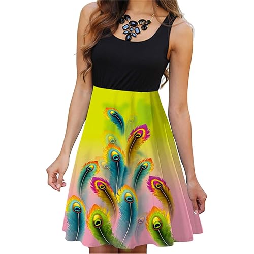 Women's Vintage Scoop Neck Midi Dress Sleeveless Summer Casual Elegant Sundress Floral Printed A-Line Dress