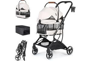 Beberoad Pets T3 Foldable Pet Stroller for Small Dogs & Cats – 3-in-1 Lightweight Design, 180° Canopy & Detachable Carrier (Beige)