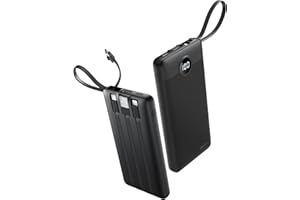 Coowisty 10000mAh Portable Charger with Built in Cables, USB C Battery Pack, Light Power Bank 5 Outputs 2 Inputs LED Display 