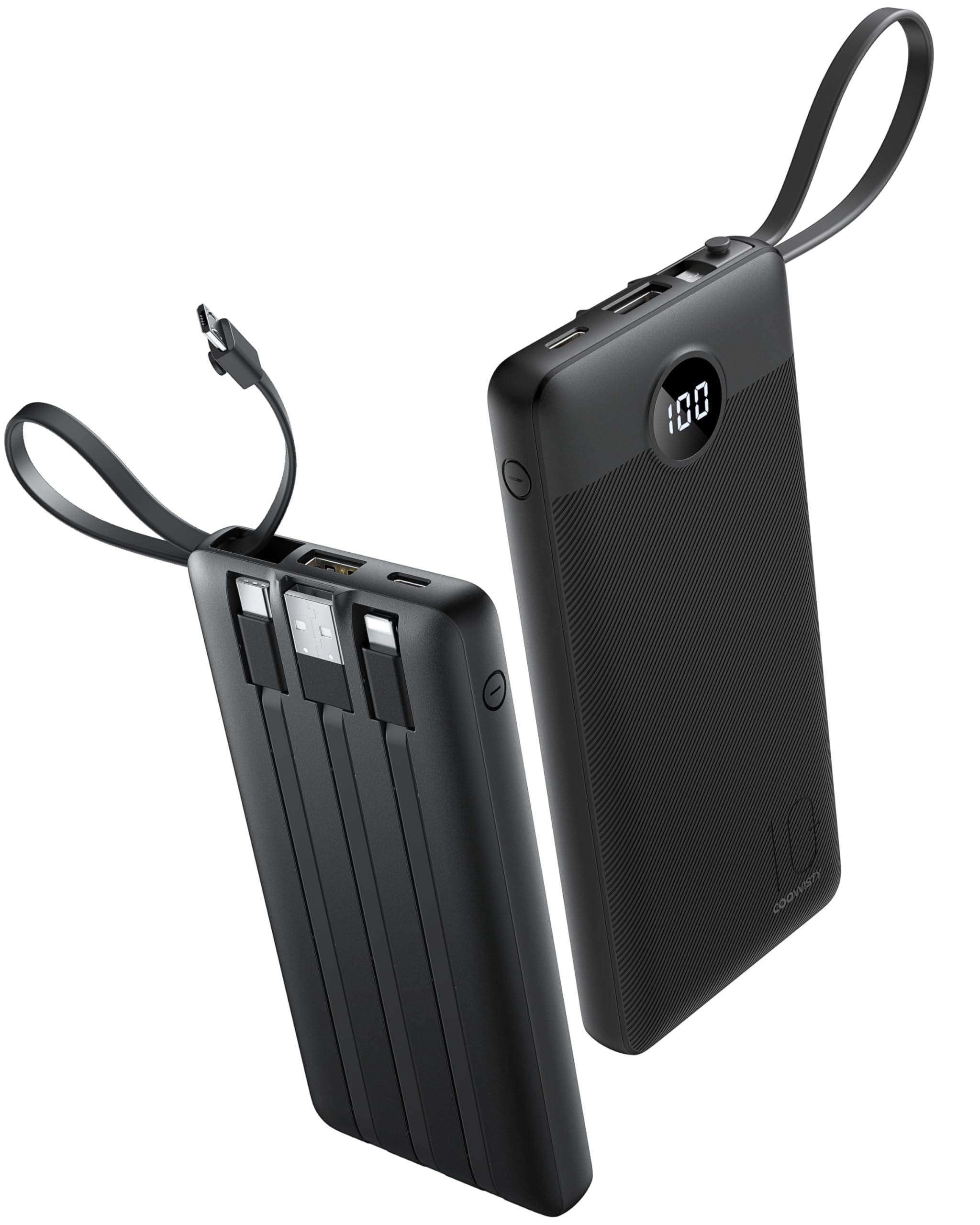 Coowisty Portable Charger with Built-in Cables, Slim 10000mAh Power Bank with USB C, Travel Essentials External Battery Pack 5 Outputs 2 Inputs LED Display Compatible with iPhone/Android & More(Black)