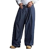 OYOANGLE Men's Striped Pleated Zipper Fly Jeans Wide Leg Oversized Baggy Denim Pants