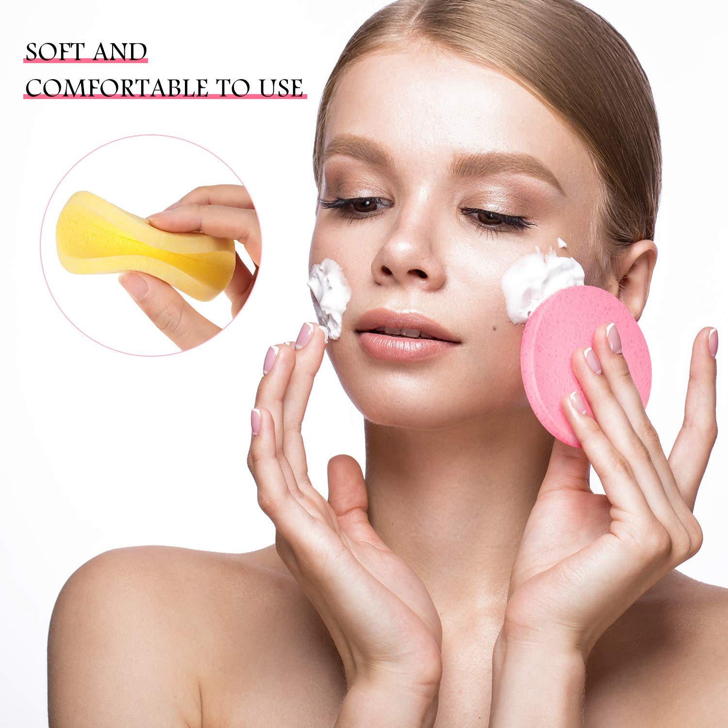 120 Pieces Compressed Facial Sponge Face Cleansing Sponge Makeup Removal Sponge Pad Exfoliating Wash Round Face Sponge for Women Girls, Pink, Yellow, Blue : Beauty