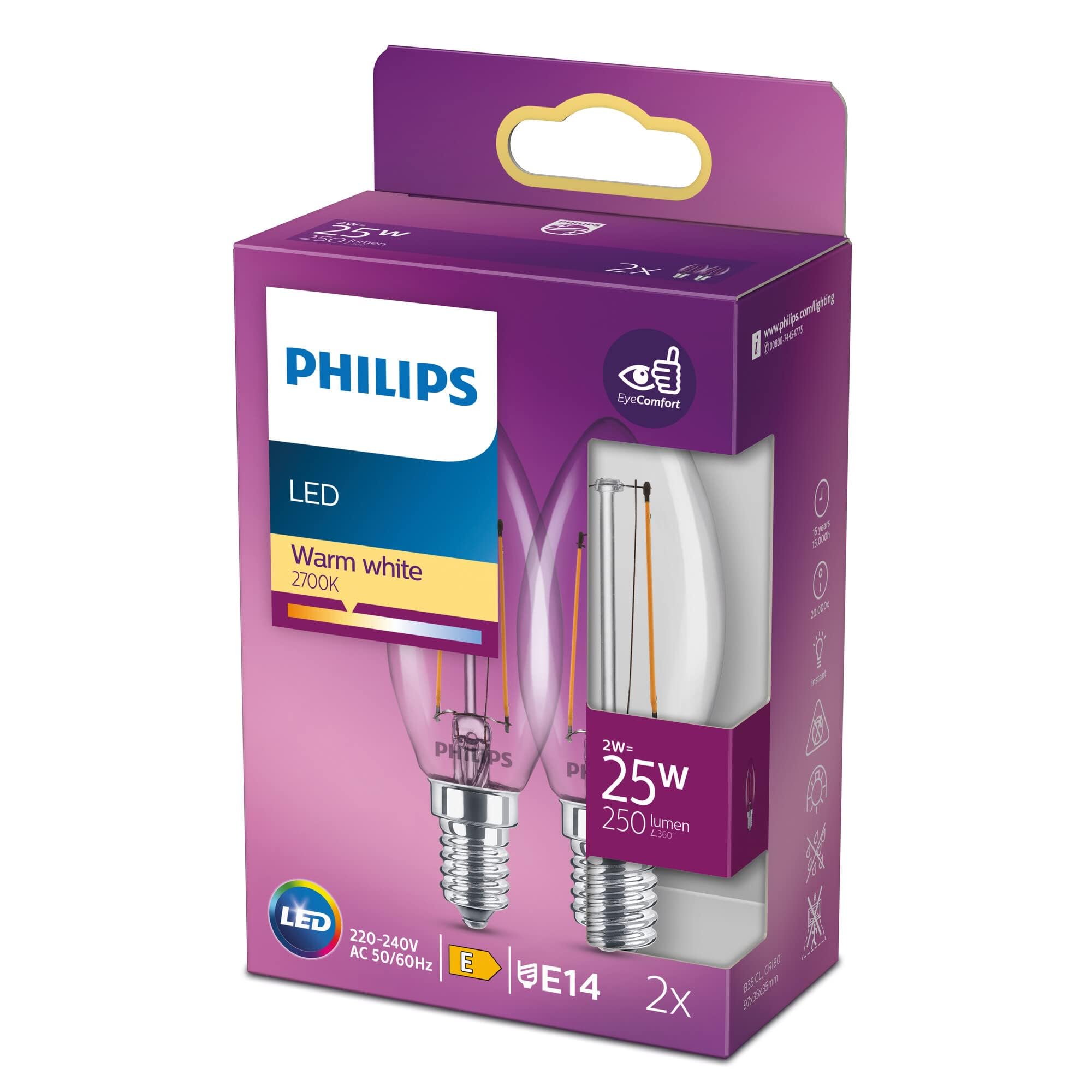 Philips LED Premium Classic Clear B35 Candle Light Bulb 2 Pack [E14 Small Edison Screw] 2W - 25W Equivalent, Warm White (2700K), Non-Dimmable.