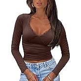 CSDAJIO Women Lace Trim Deep V Neck Long Sleeve Crop Top Ruched T-Shirt Double Lined Fitted Basic Tee