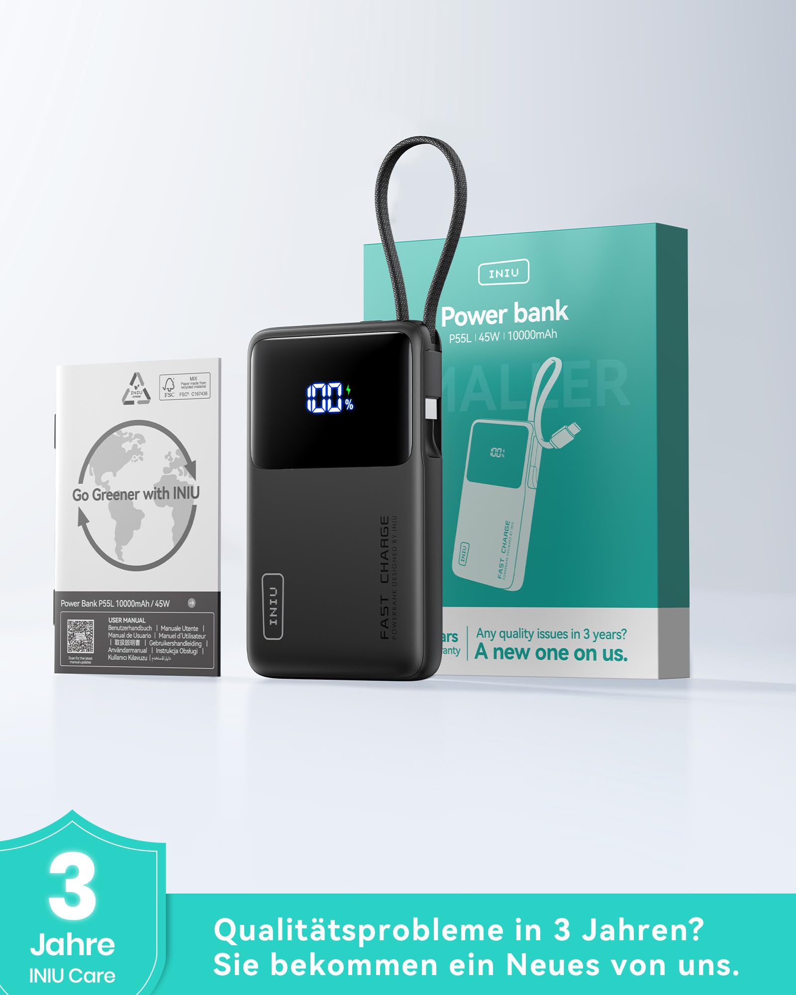 INIU Power Bank, 10000mAh Ultra-dünn 45W Schnellladen Powerbank mit USB C Kabel, Klein und Stark Externe Handyakkus, Flugtauglich, Camping Zubehör für iPhone 17-12, Samsung S25, Xiaomi, iPad etc. 8