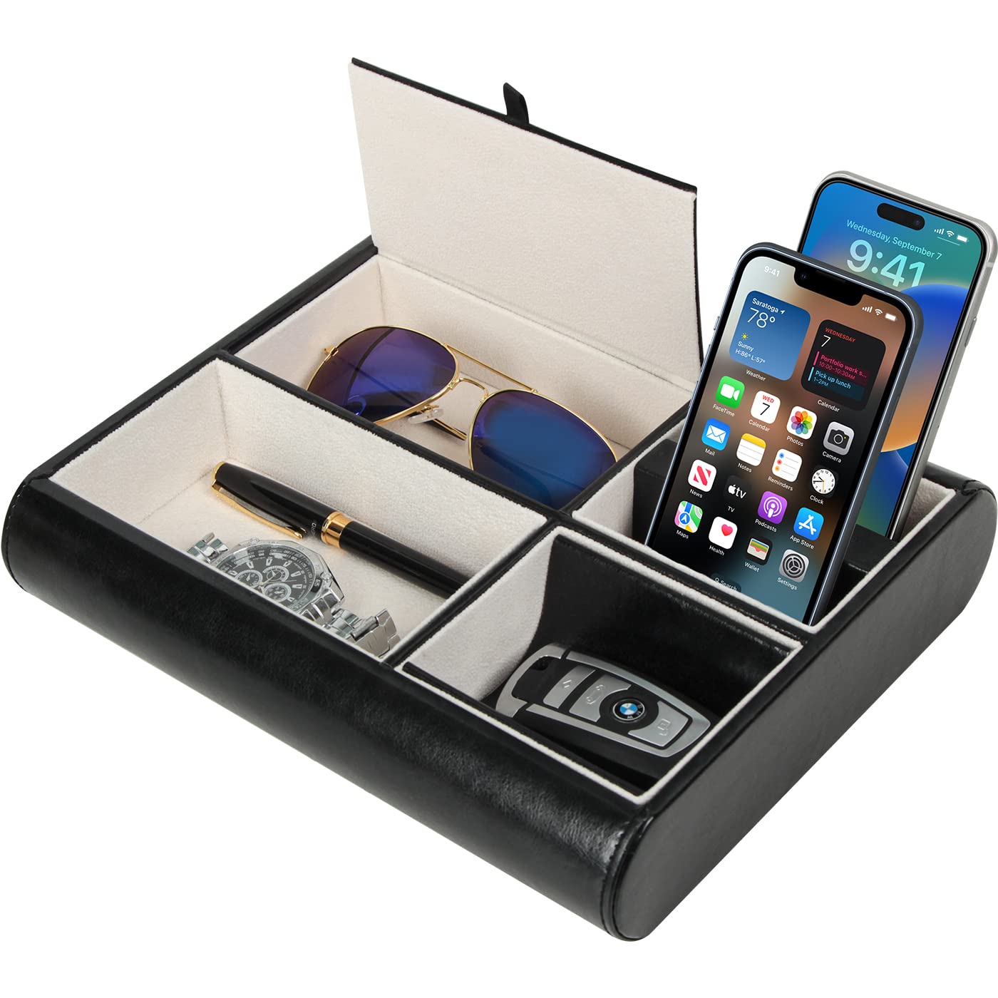 Jack Cube Valet Tray Leather, Desk or Dresser Organizer, Catch-all For Keys, Phone, Wallet, Coin, Jewelry, and More (26.26 x 5.5 x 20.8 cm) - MK158 Black