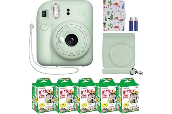Fujifilm Instax Mini 12 Instant Camera + MiniMate Accessory Bundle & Compatible Custom Case + Fuji Instax Film Value Pack (50 Sheets) Flamingo Designer Photo Album (Mint Green)