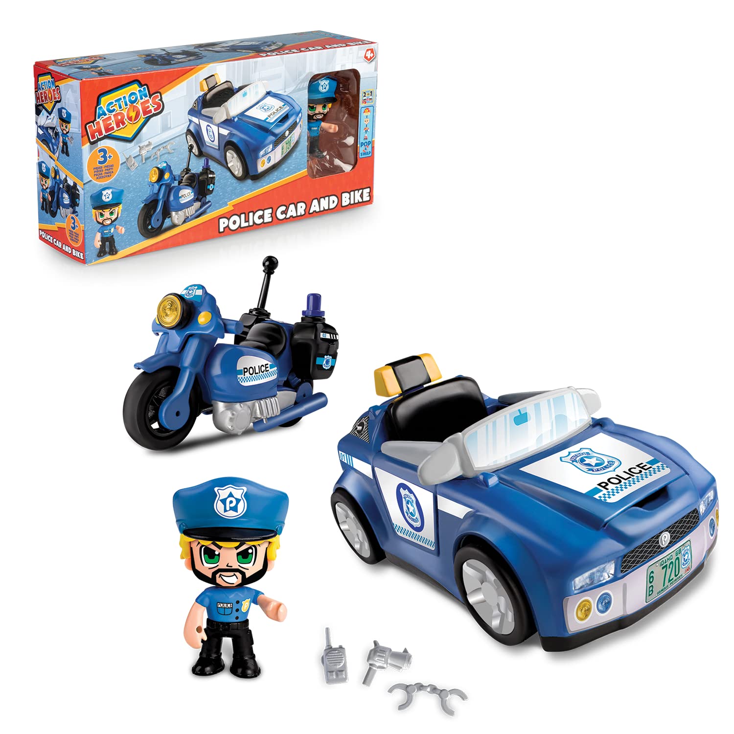 Action Heroes Police Car and Bike, vehicles and figure set, great gift for kids aged 4 years and over, Multi Coloured (ACN05000)