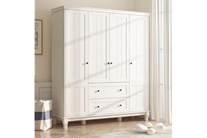 ECACAD 4 Door Wardrobe Closet Armoire with 2 Drawers, Multi-Tier Storage Shelves & Hanging Rods, 63”W Wooden Clothes Storage Cabinet with Solid Legs for Bedroom, White