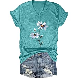Womens V-Neck T-Shirt Vintage Flower Shirt Summer Graphic Tees Cute Botanical Boho Tops Casual Wildflower Floral Tshirt