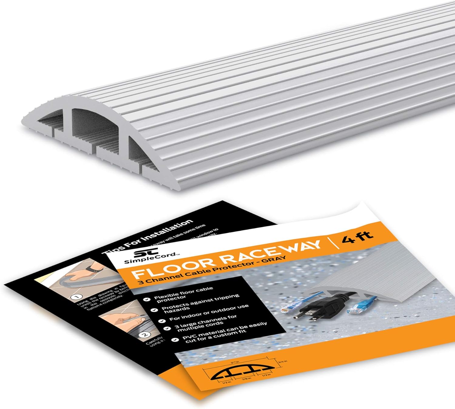 Floor 10 Ft Gray Cord Protector Covers Cables, Cords, or Wires 3 Channel Grey On Floor Raceway