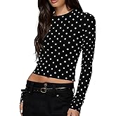 Women Y2k Long Sleeve Polka Dot Shirt Dot Print Slim Fit Crop Top Crew Neck Trendy Going Out Tee Shirt