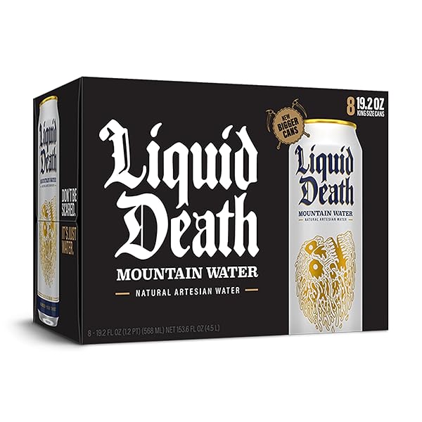 LIQUID DEATH, STILL MOUNTAIN WATER, 8-PACK (19.2OZ CANS), REAL MOUNTAIN SOURCE, INFINITELY RECYCLABLE ICE-COLD CANS, AMERICAN MADE