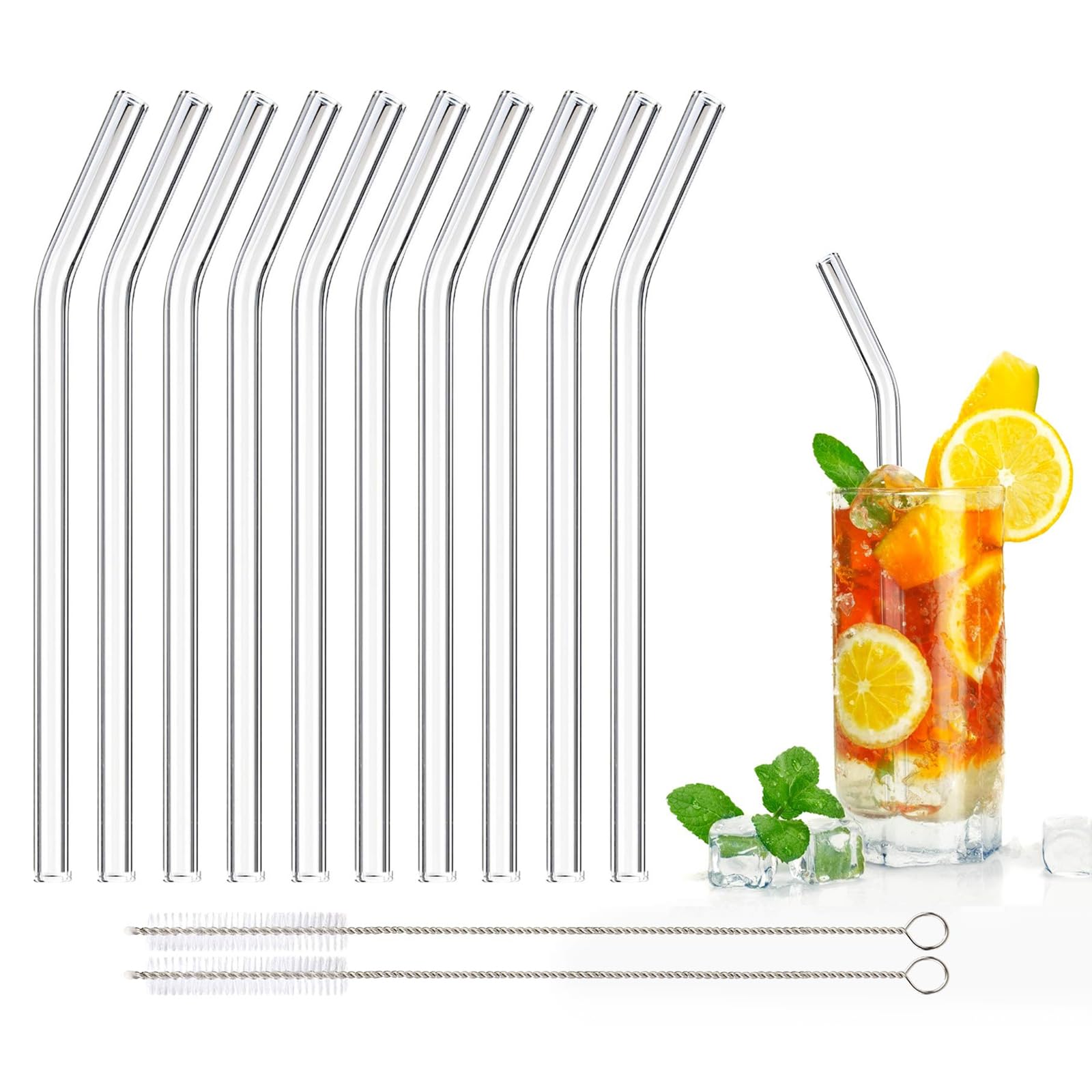 DONQL 10 Pcs Glass Straws Reusable Glass Straw Drinking Straws with 20cm Length Eco Friendly with 2 Cleaning Brushes Transparent Clear Straws Perfect for Milk Coffee Coctail (Curved)