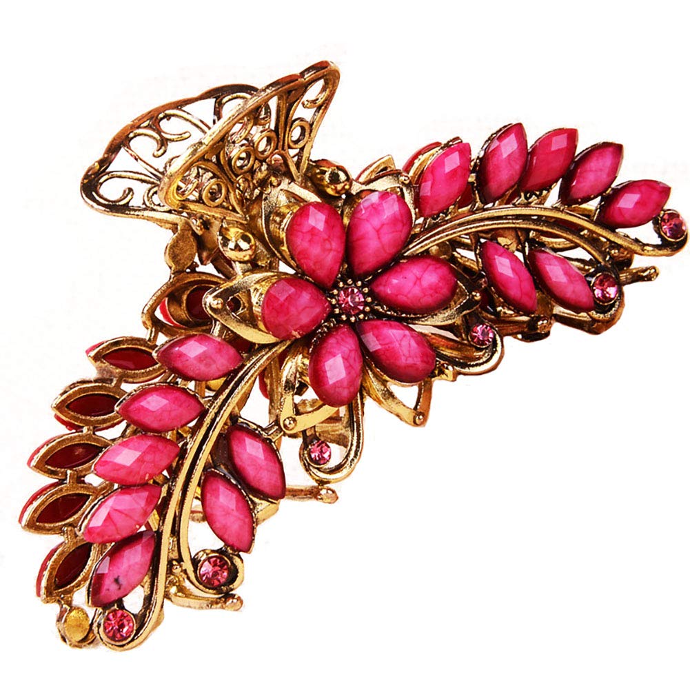 Women Lady Retro Flowers Alloy No-Slip Hair Claw Clip Hair Clamp Large Rhinestone Hair Grip Hair Pin Jaw Clip (Rose red)