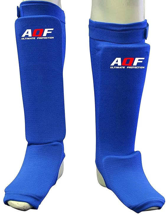AQF MMA Schienbeinschoner aus Schaumstoff mit elastischen Stoff-Pads, als Beinschutz und Fußschutz zum Boxen oder als Schienb