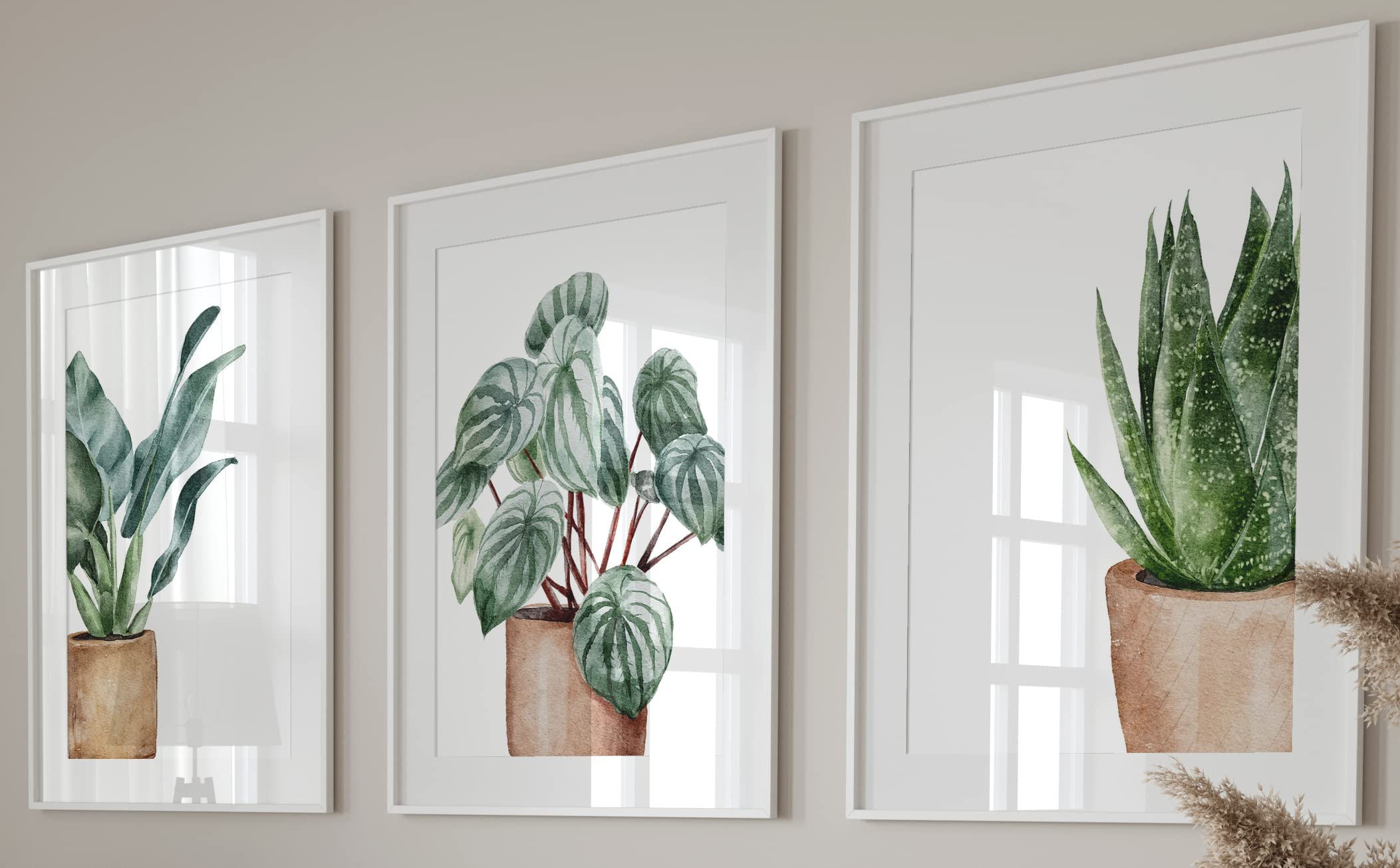 House Pot Plants Botanical Wall Art Set of 3 Unframed Prints, Tropical Plant Decor, Living Room Bedroom Poster Home Decor, Green Brown (A3)
