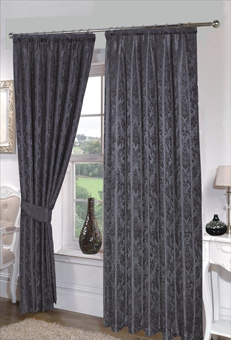 Seattle Black Curtains 66 X 90 Pair Of Floral Damask Print