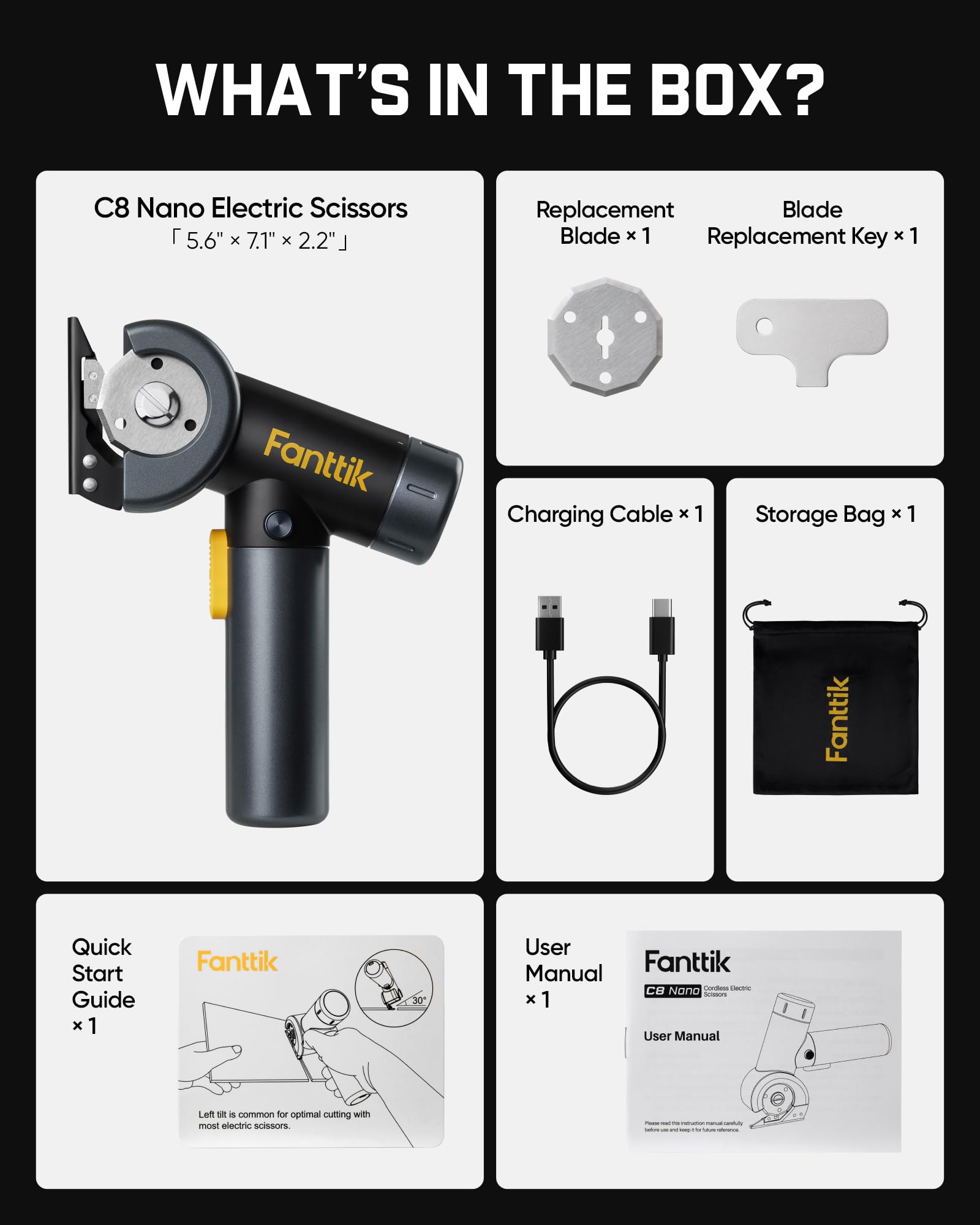 Fanttik C8 Nano Easyswap Cordless Electric Scissors with LED Display, Rechargeable Cardboard Cutter with 2 Blades, EasySwap Blade Change, LED Light, for Thin Cardboard Box Carpet Leather - Black