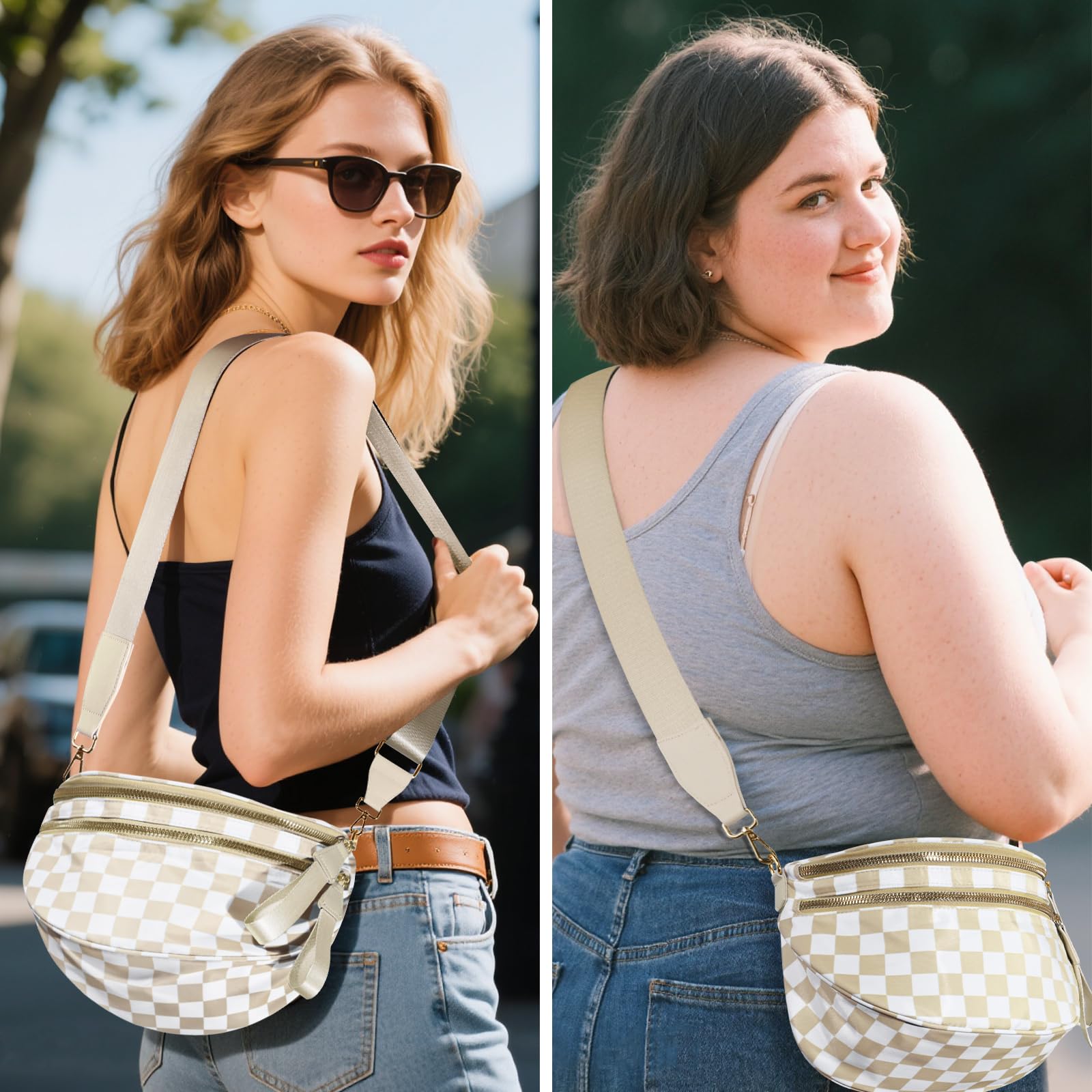 NEWROGENG Checkered Crossbody Bags for Women, Large Nylon Bum Bags Plus Size Fanny Pack Sling Bag Belt Bag for Women Travel, Beige Checkered