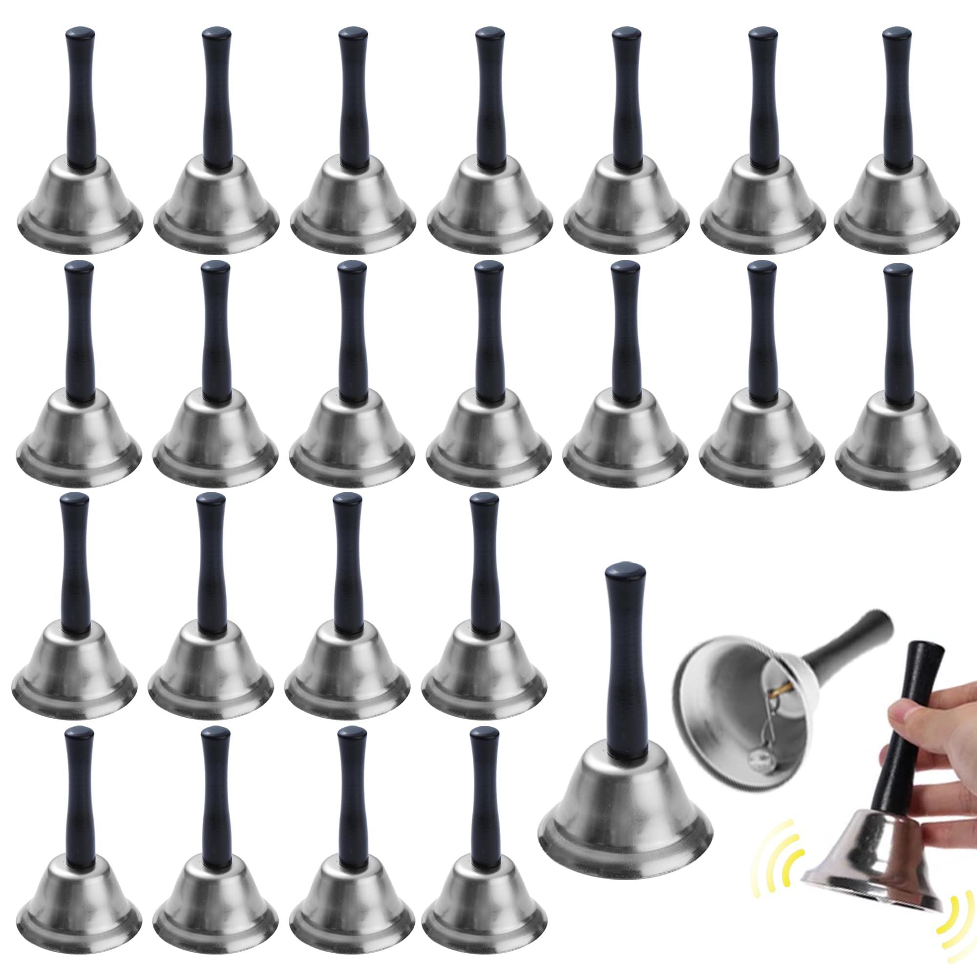 Photo 1 of 24 Pcs Hand Bells Steel Service Handbells Black Wooden Handle Diatonic Metal Bells Musical Percussion for School Church Wedding Dinner Calling Decor (Silver)