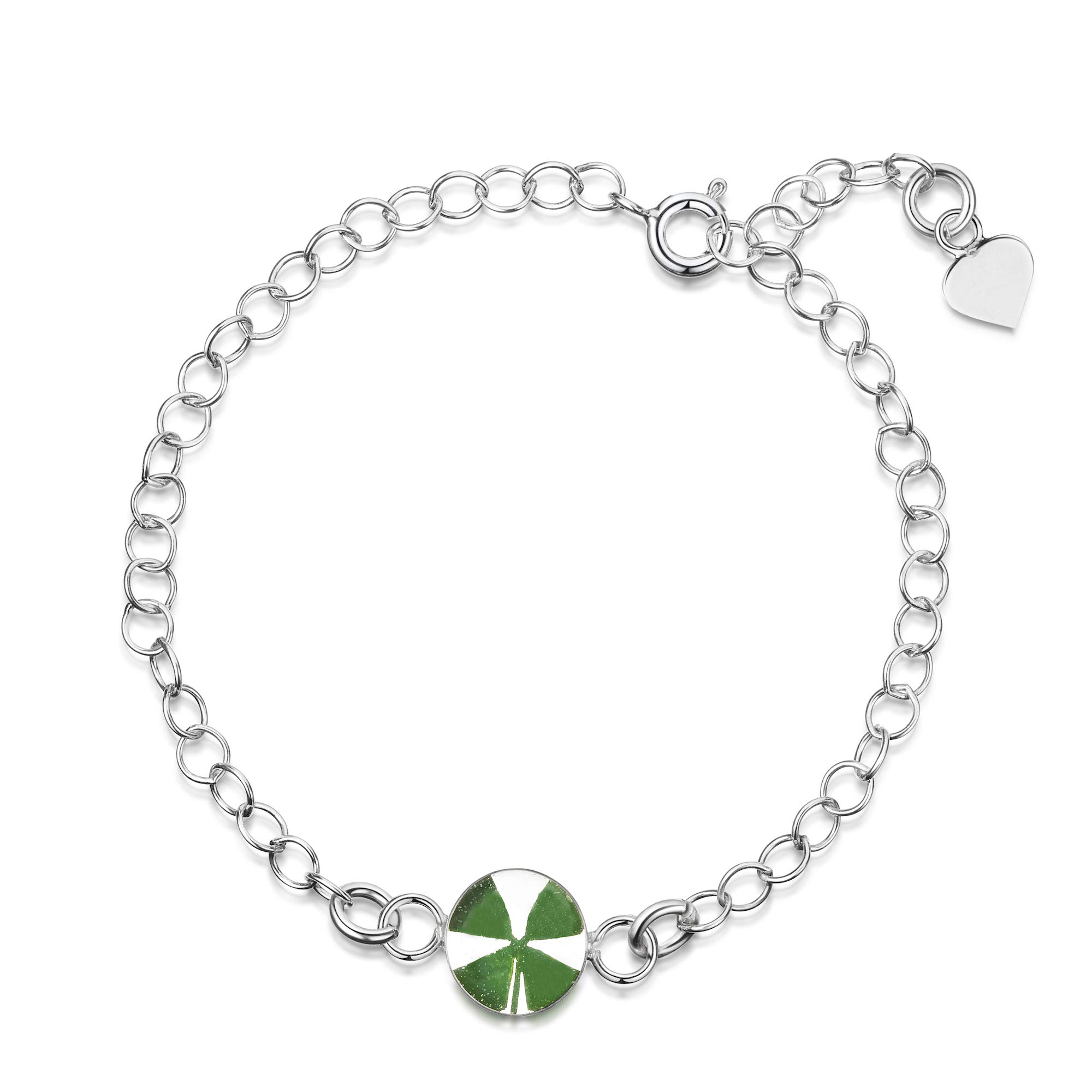 Shrieking Violet 925 Sterling Silver Round Links Real Flower Bracelet - Four-Leaf Clover (Green)
