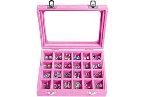 EONGOA Jewelry Box 24 Grid Velvet Earrings Holder Tray Detachable Earring Ring Case Jewelry Showcase Glass Clear Lid Organizer Jewelry Display Storage Ring Trays (Light Pink)